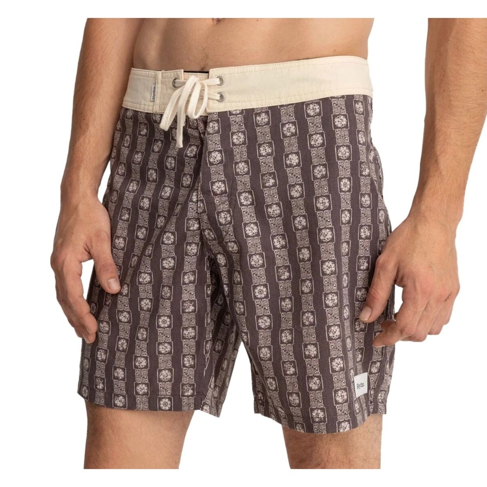 NWT Rhythm Tile Stripe Trunk Mens 28 Brown Geometric Floral Board Shorts